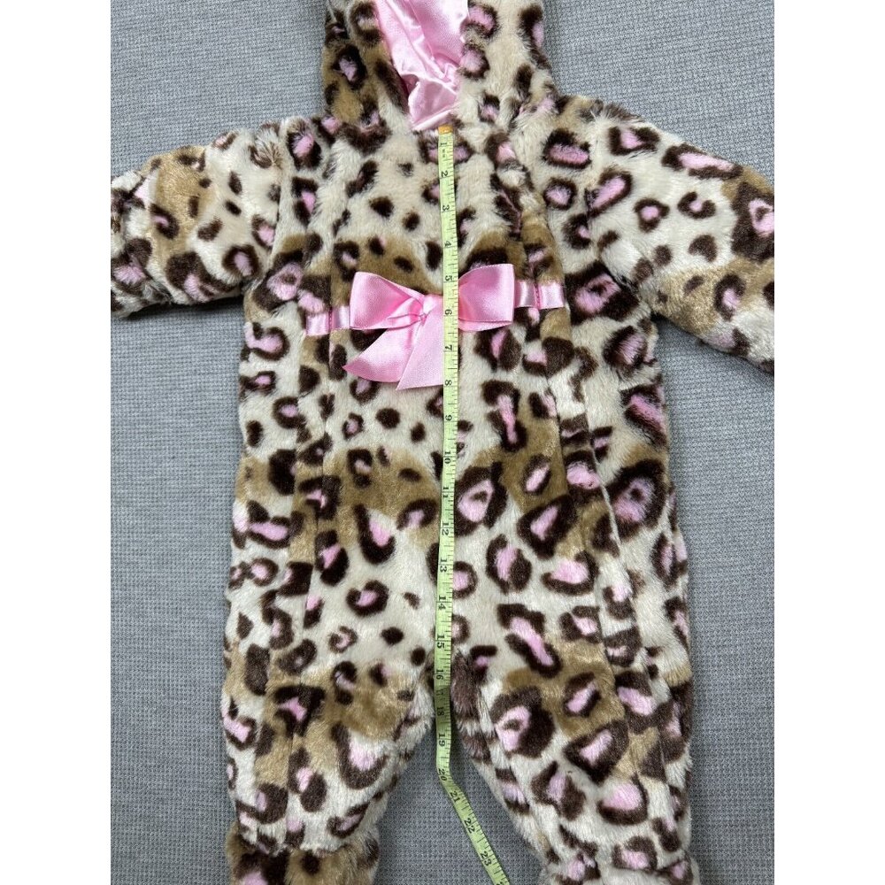 Baby Girls Leopard Print Faux Fur Hooded Bunting Suit 6/9M Satin Bow Lined - Picture 13 of 14
